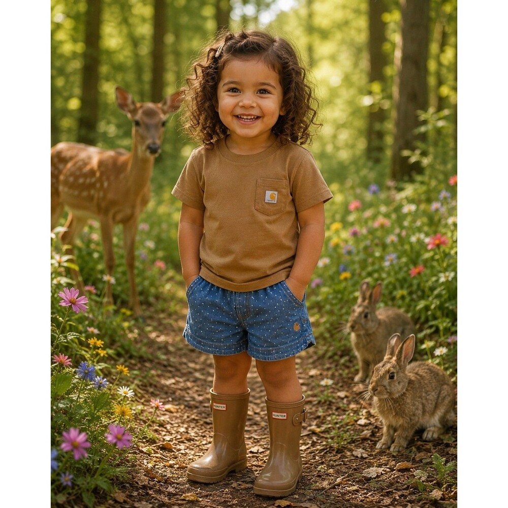 Carhartt Toddler Girl Size 3t-4t Tan Pocket T-Shirt With Polka Dot Denim Shorts